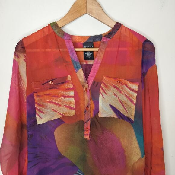 Covington Floral Blouse Tab Sleeve Sheer Watercolor Art to Wear - Picture 2 of 9